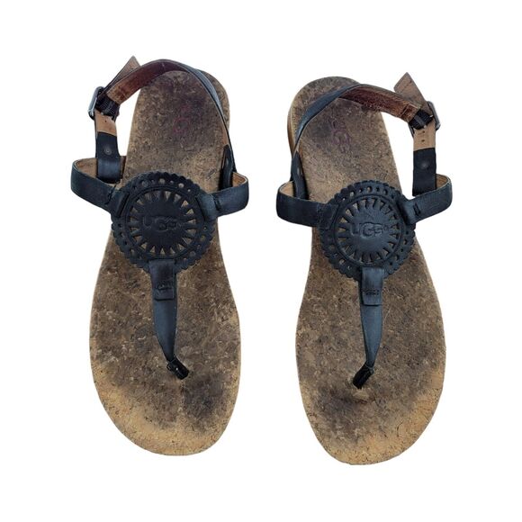 UGG Womens Sandals Auden II Black Leather Thong Size 8.5 Adjustable Ankle Strap - Picture 6 of 11